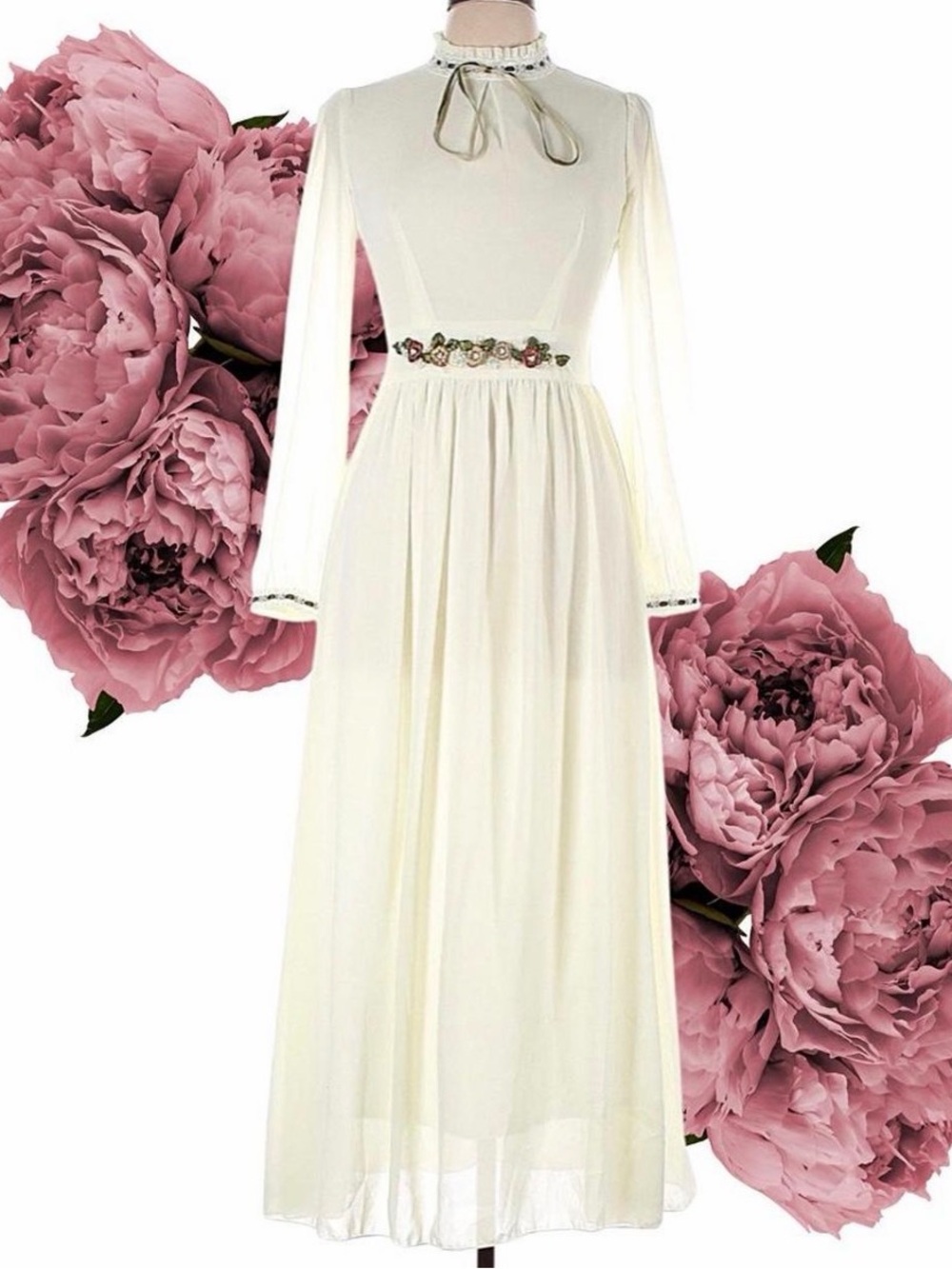 Ivory Long Sleeve Maxi Dress with Embellished Waist